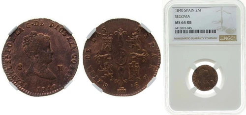 Spain 1840 2 Maravedis Copper NGC MS 64 RB