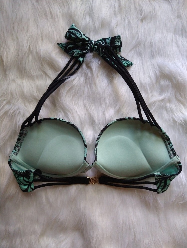 Victoria's Secret Bombshell Bikini Top~32B Adds-2-Cups~Black Tattoo Paisley~Rare image 2