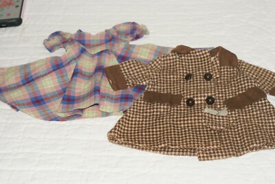 Nice!! Pretty!! Vintage Doll Plaid Dress Brown Coat Gloves 