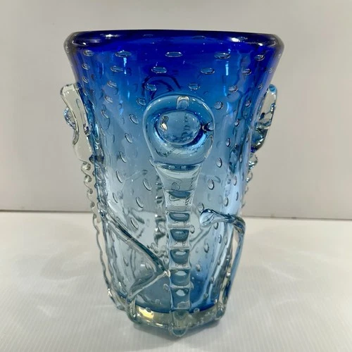 Mid-Century Murano Glass Controlled Bubble Blue Ombré Vase~8.75”T~Beautiful