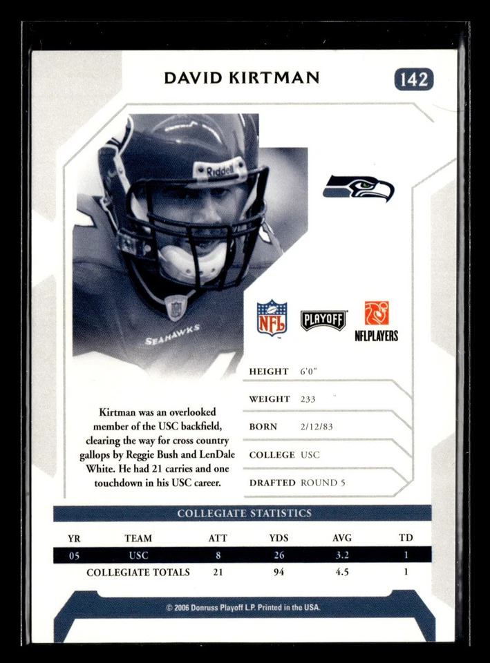 David Kirtman 2006 Playoff NFL Playoffs ROOKIE RC RED SP #142 Seahawks *203B - Image 2 of 2