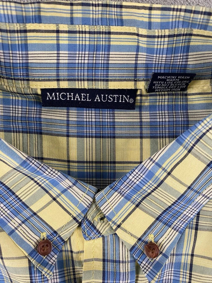 Michael Austin Men’s Button Up Shirt 4XL Yellow Blue Plaid Casual C33 - Image 3 of 4