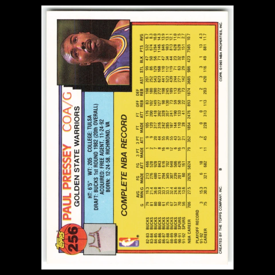 Paul Pressey #256 1992 Topps Golden State Warriors Basketball Card NBA NM - Image 2 of 3