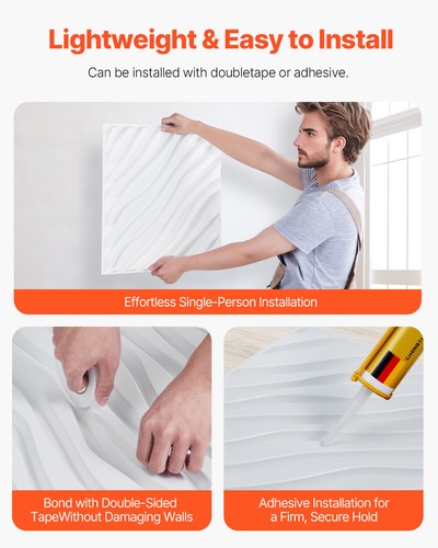 VEVOR 3D Wall Panels 12-Pack 50 x 50 cm PVC 2.97 m² Coverage Wave Matte White - Bild 6 von 12