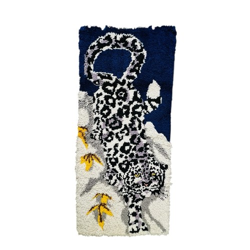 Retro Snow Leopard Latch Hook Wall Hanging Shag Rug Pop Art MCM 70s Maximalist