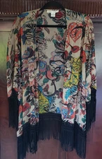 Sans Souci Sz M Semi-Sheer Open Front Floral Kimono Cover-Up Shawl Boho Brown