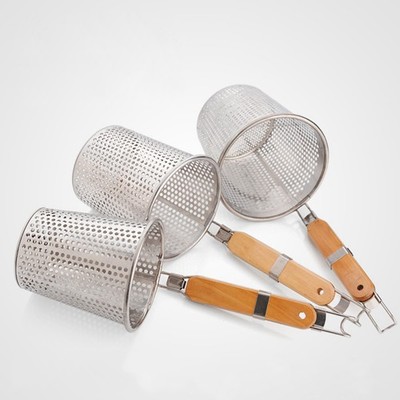 Reusable Stainless Steel Food Skimmer with Wooden Handle for Pasta and Noodles