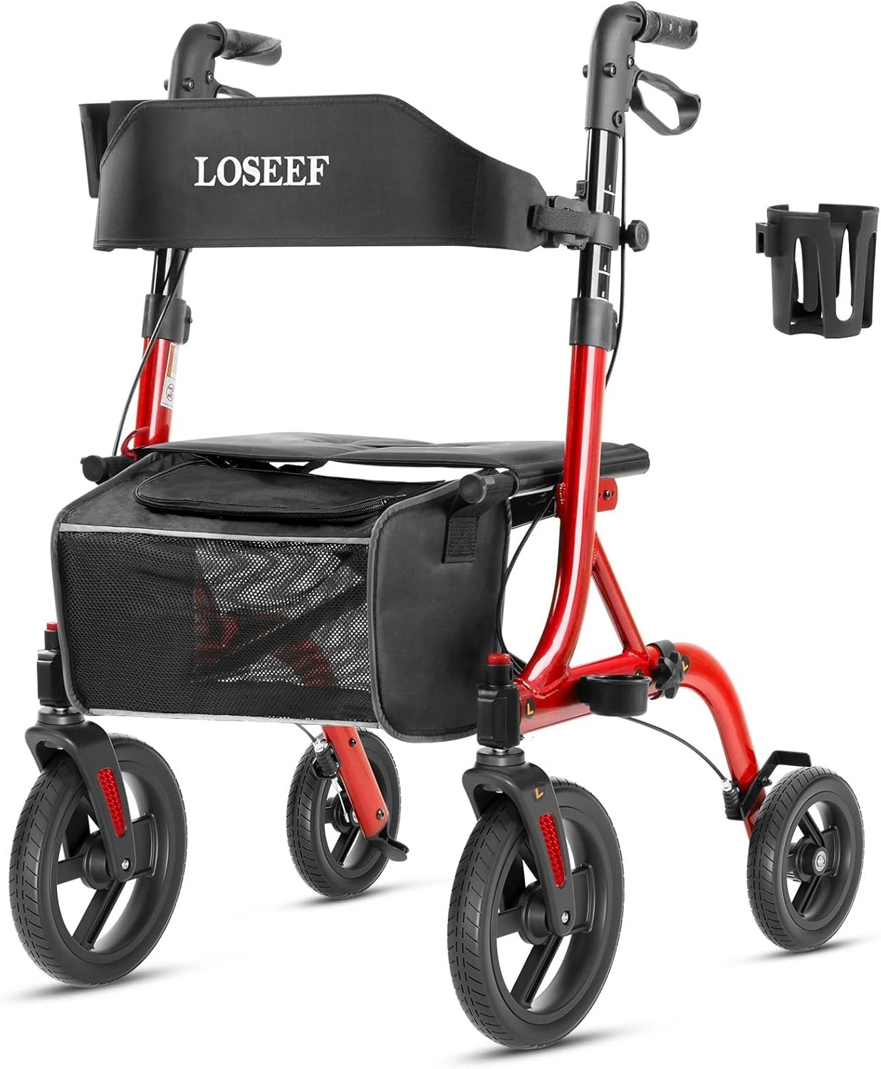 Red all-terrain rollator walker, 10-inch rubber wheels, foldable seat, 350lb cap