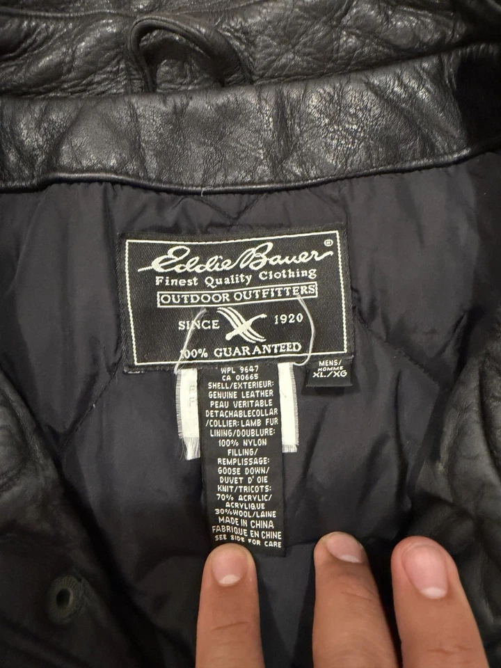 vintage EDDIE BAUER bomber jacket XL black leather GOOSE DOWN motorcycle - Image 4 of 4