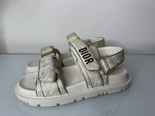 Christian DIOR Sandales femme Dior Act tissu imprimé or et blanc cassé taille 35,5 EU
