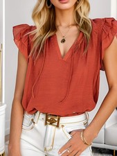 Women's Casual V Neck Tops Drawstring Short Sleeve T Shirt Blouses