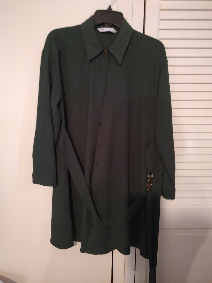 zara olive green shirt dress Size Medium Button Up Dress With Belt slip-dres