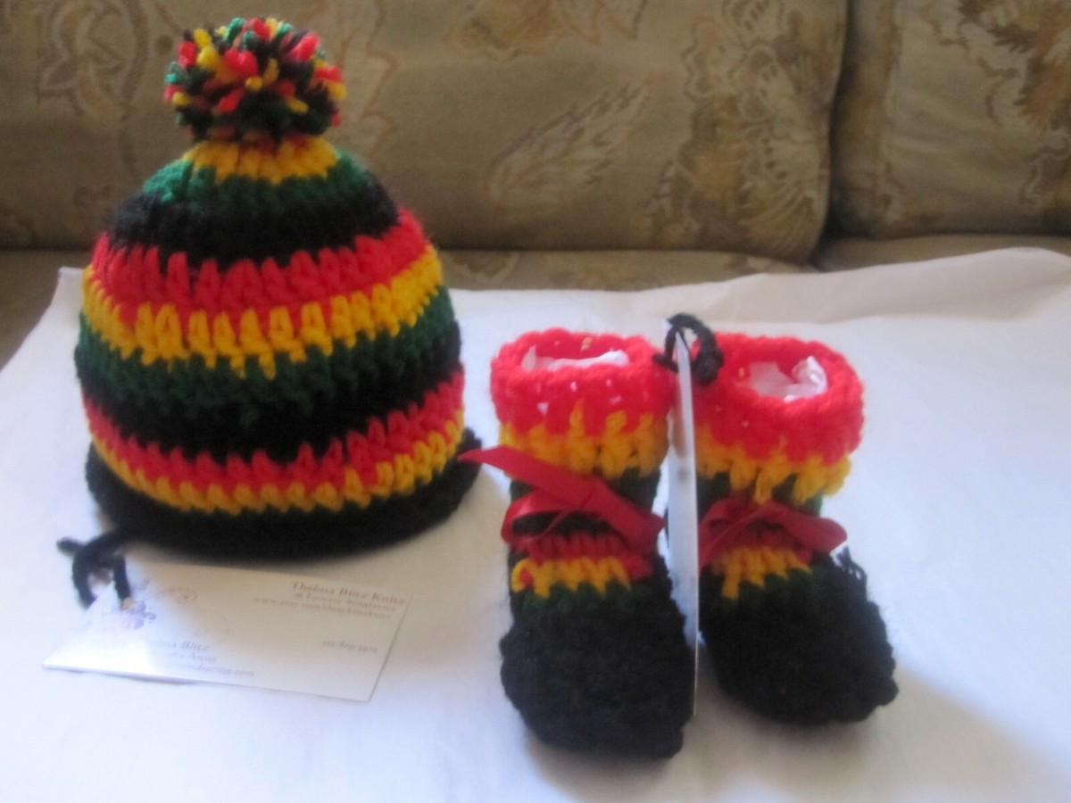 Rasta Baby Beanie Booties Unisex Set Newborn 0-3 mo Jamaica PomPom