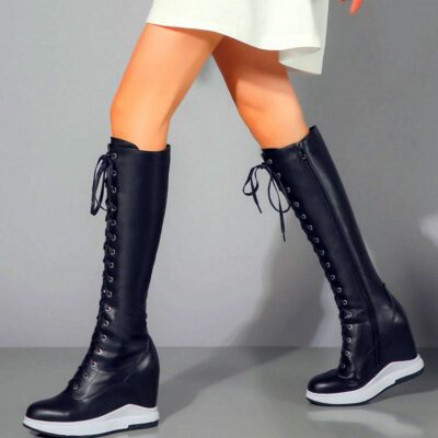 Size34-46 Fashion Sneakers Women Cow Leather Platform Wedge Knee