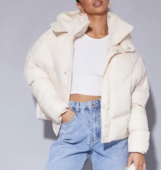 Pretty Little Thing Cream Cropped Hem Bubble Puffer Jacket Size