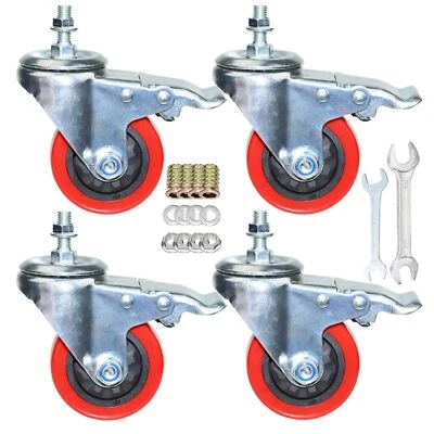 AOCHENLY Heavy Duty Stem Caster Wheels M10-1.5X25mm Dual Locking No Noise PVC Red