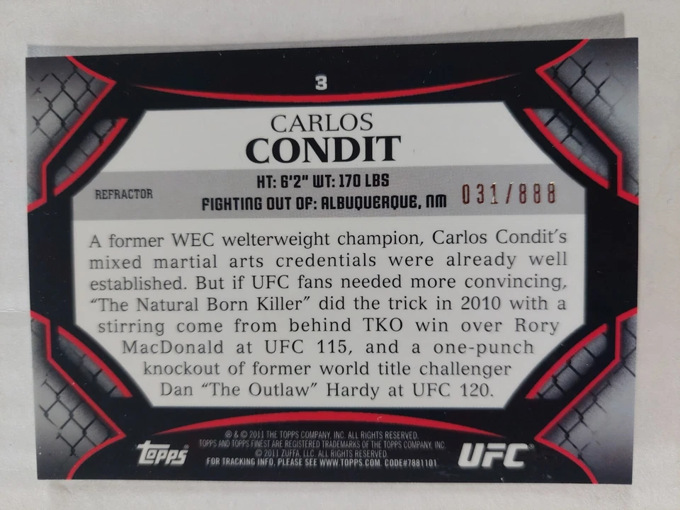 Carlos Condit #3 2011 Topps UFC Finest Refractor #031/888 - Image 2 of 2