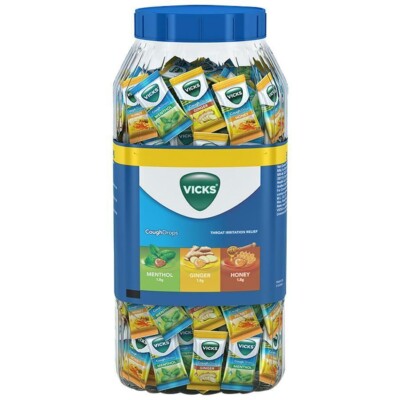 Vicks Cough Drops Assorted Jar, 200 Lozenges, Menthol, Honey & Ginger Flavor