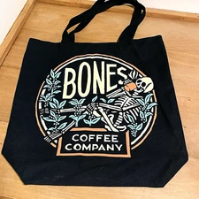 Bones Coffee Tote Canvas Bag Black Skeleton Grocery 15" x 16" Shopping Reusable