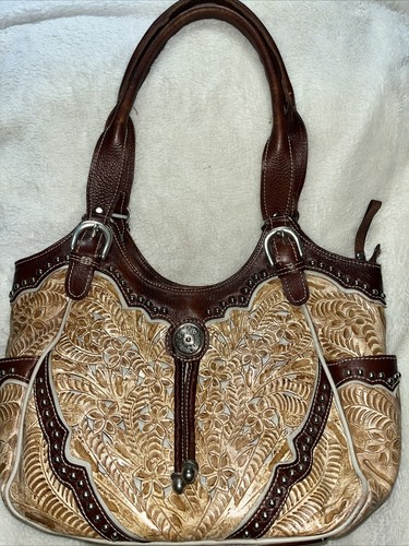 American West Classic Tooled Studded Leather Shoulder Bag Tan Brown Silver - Picture 2 of 17