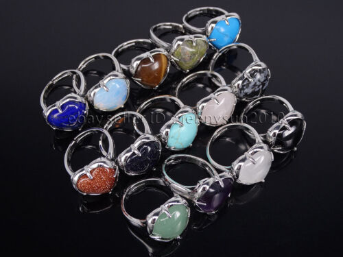 Natural Gemstones Heart Cabochon Flat Back Bead Adjustable Silver Plated Ring - Picture 1 of 18