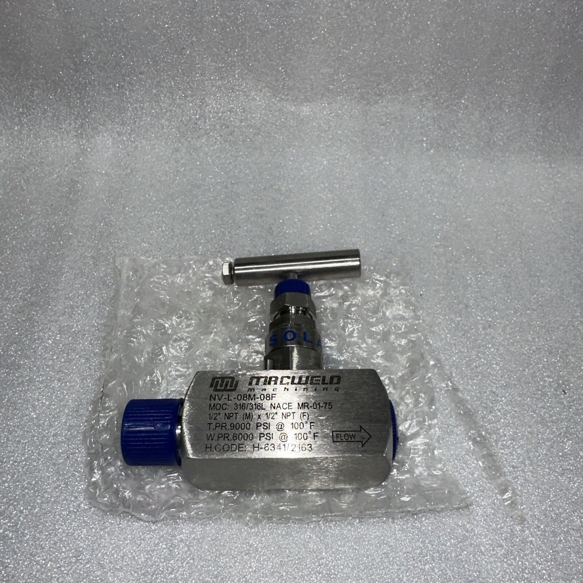 MAC-WELD Machining Needle Valve NV-L-08M-08F, 316 SS , 1/2”npt