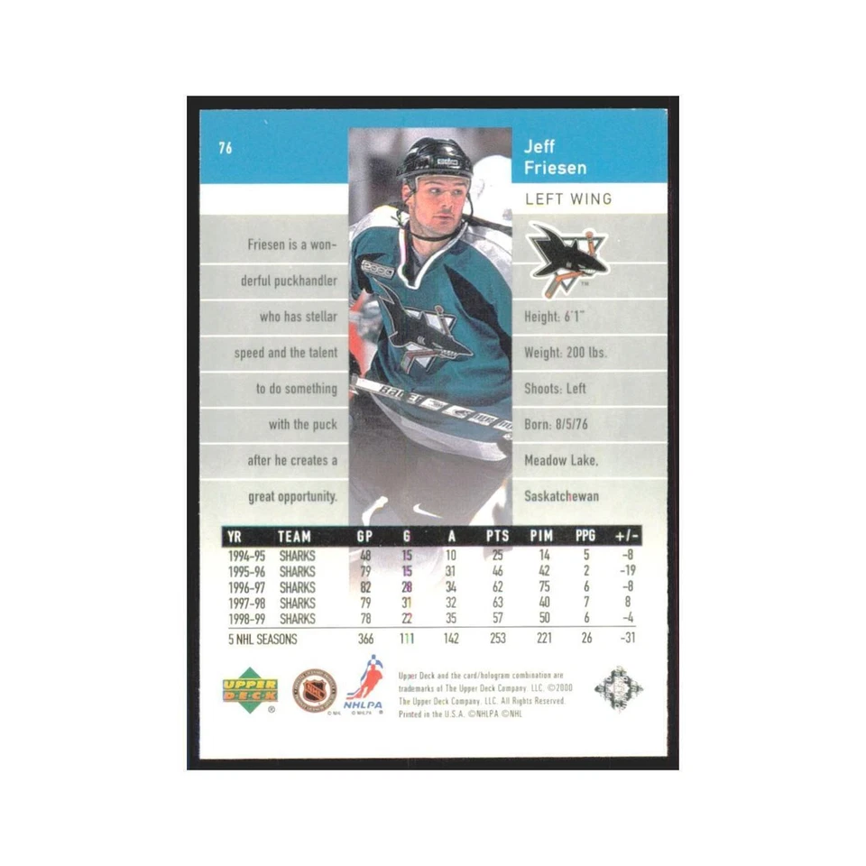 Jeff Friesen 1999 Upper Deck Black Diamond #76 San Jose Sharks Hockey Card NM - Image 2 of 3