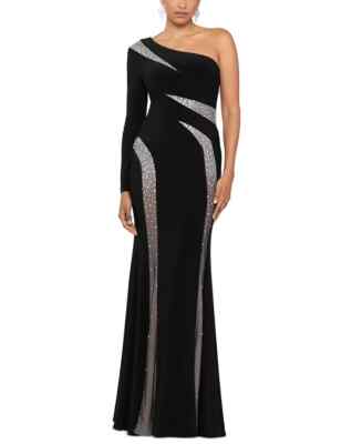 Betsy & Adam One-Shoulder Beaded-Contrast Gown Women's 2 Black Side Zip Closure