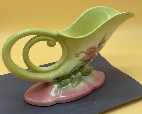 Hull Pottery Woodland Cornucopia Vase Chartreuse & Pink Glossy W 10-11 USA