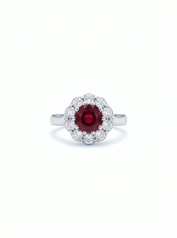 Vintage palladium ART DECO VIVID RED RUBY ANTIQUE DIAMOND HALO ENGAGEMENT ring