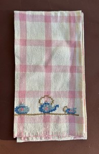 vintage LINEN Hand Embroidered Tea Kitchen Towel Pink linen Cross Stitch Tea Pot