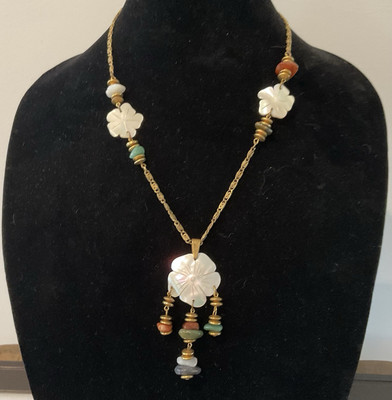VTG SIGNED MIRIAM HASKELL RUSSIAN GP 20  NECKLACE 3.5  MOP FLORAL DANGLE PENDANT