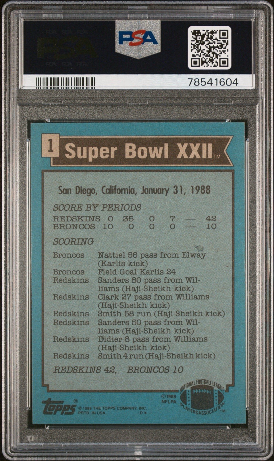 1988 Topps Super Bowl XXII #1 Redskins Broncos PSA 8 NM-MT Vintage Football Card view 2