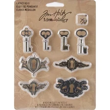 Idea-Ology Metal Locket Keys & Keyholes 8/Pkg Antique Nickel, Brass & Copper