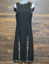 Vtg A.J. Bari Black Silk Beaded Gown Gold Sequin Evening Dress Size 8 Maxi Glam