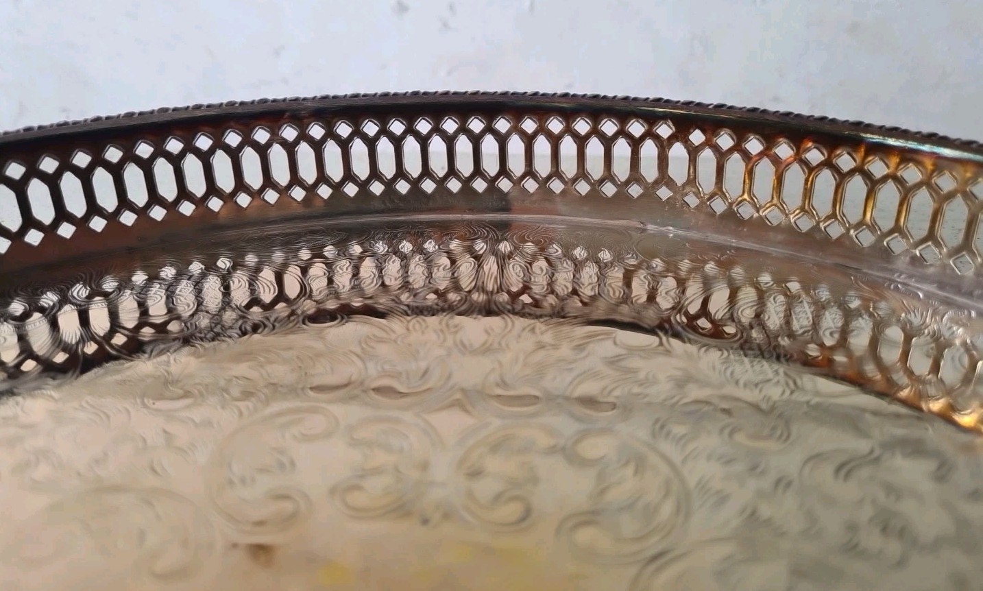 Antique EHP Chased Engraved Round Tray Sheffield 25cm Fair Condition — image 6