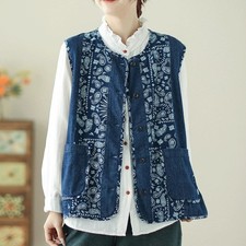 Gilet Donna Jeans Patchwork Vintage Paisley Blu Maniche Sganciate Aperto Davanti