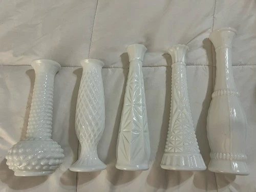 Vtg. Milk Glass Bud Vases Lot of 5 EO Brody Anchor Hocking Etc. Various Patterns