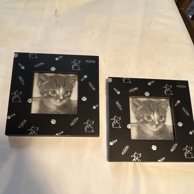 Lot of 2 Wood Black Cat Picture Frames  MEOW  Paw Prints Fish Bones