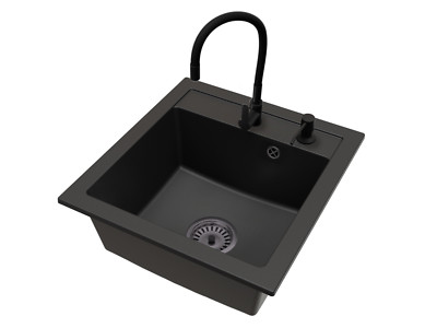 Spüle Granit Schwarz Big DON Armatur FLEX CHROME Schwarzer Siphon