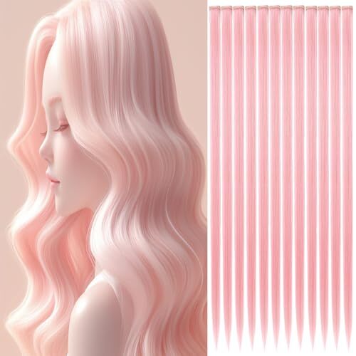 12 PCS Hair Extensions Clip in, 22" Colored Hair Extensions, Highlights Pink - Picture 3 of 7