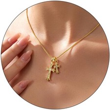 Double Cross Necklace for Women Dainty Cross Pendant Choker 14K Silver Plated