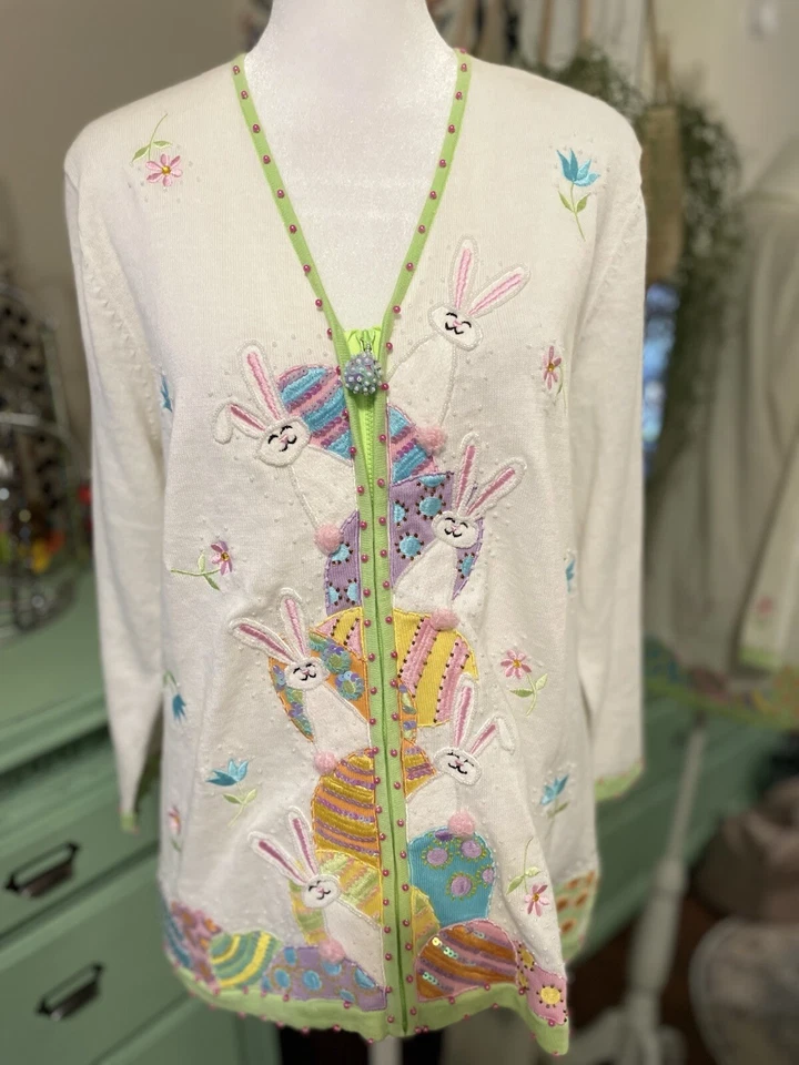 Suéter De Colección Jack B Bordado Rápido Lentejuelas Cuentas Cremallera Conejitos de Pascua Huevos M Foto 2 de 4