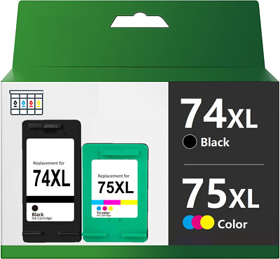 2Pk #74XL 75XL Black/Color Ink for HP Photosmart C4275 C4280 C4285 ...