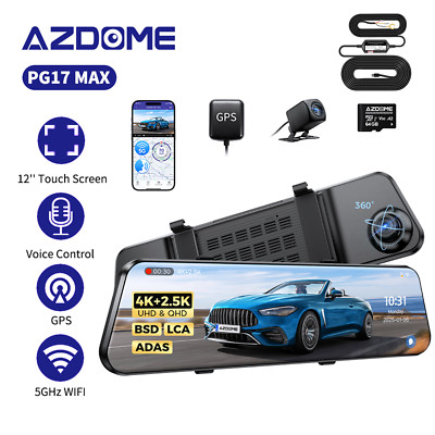 AZDOME 12''2CH Dash Cam Rückspiegel 4K+2.5K 5GWiFi GPS DVR+64GB TF&Hardwire-Kit