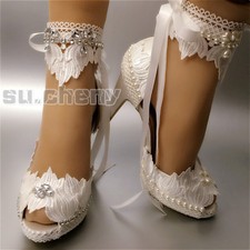 su.cheny 3  4  heel white ivory satin lace ribbon peep toe Wedding Bridal shoes