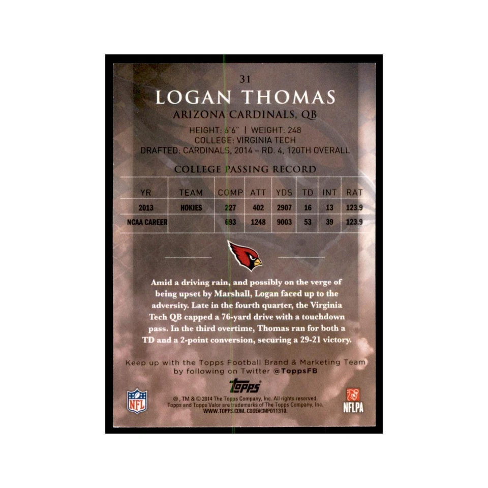 2014 Topps Valor Logan Thomas RC Football Cards #31 - Image 2 of 3