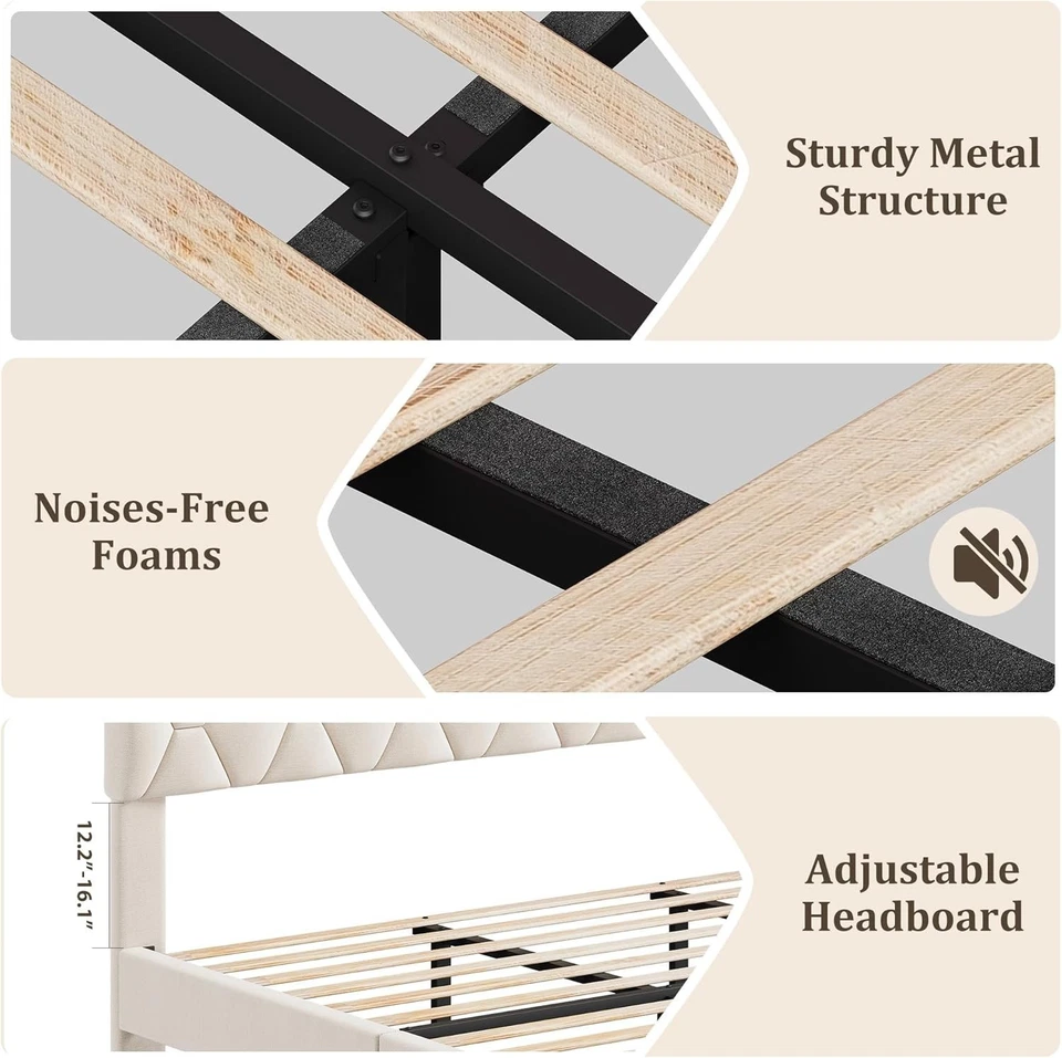 Base De Cama бежевый королевский размер Con Listones Madera y Cabecera Tapizada En Oferta - Изображение 3 из 4