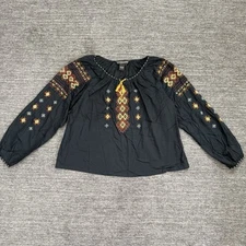 J. Peterman Shirt Women Large Black Boho Peasant Popover Aztec Southwestern Y2K