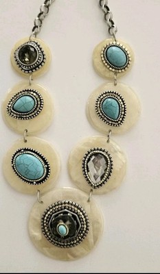 CHICOS Selena Bib Statement Necklace Faux Turquoise and Stones on Discs 